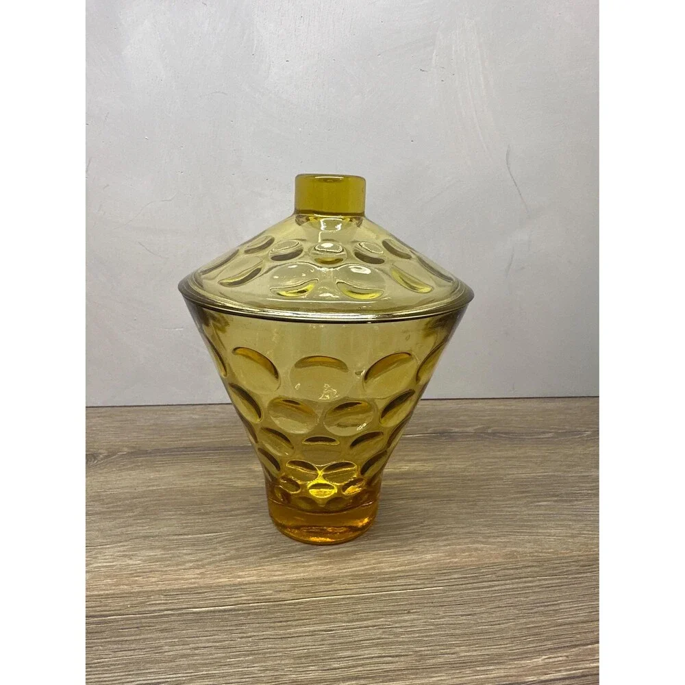 Vintage 1960s Hazel Atlas Eldorado Amber Glass Covered Candy Dish, Coin Dot Text